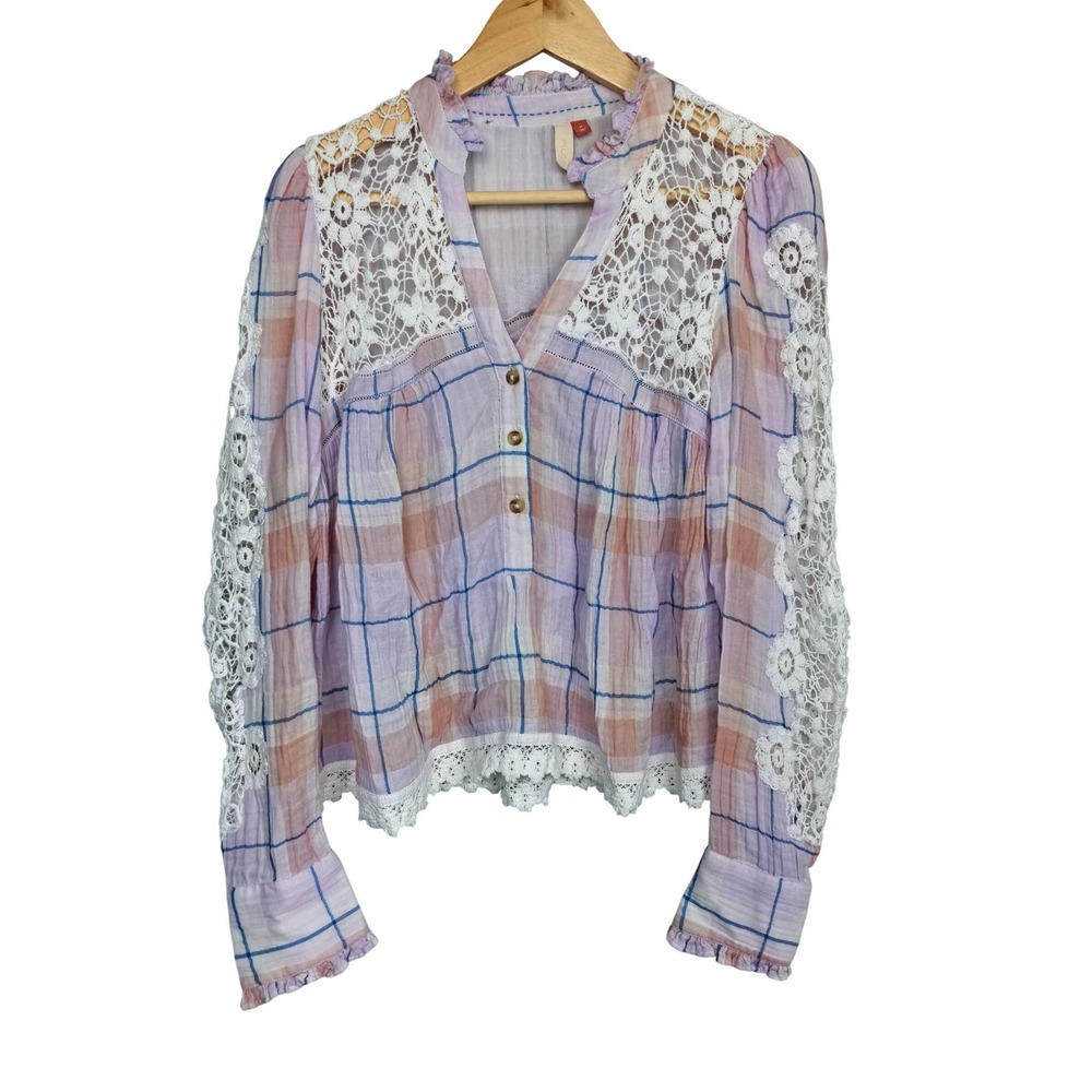 Pilcro‎ and the Letterpress Plaid Lace Trim Blouse Lavender Peach Cotton Size M